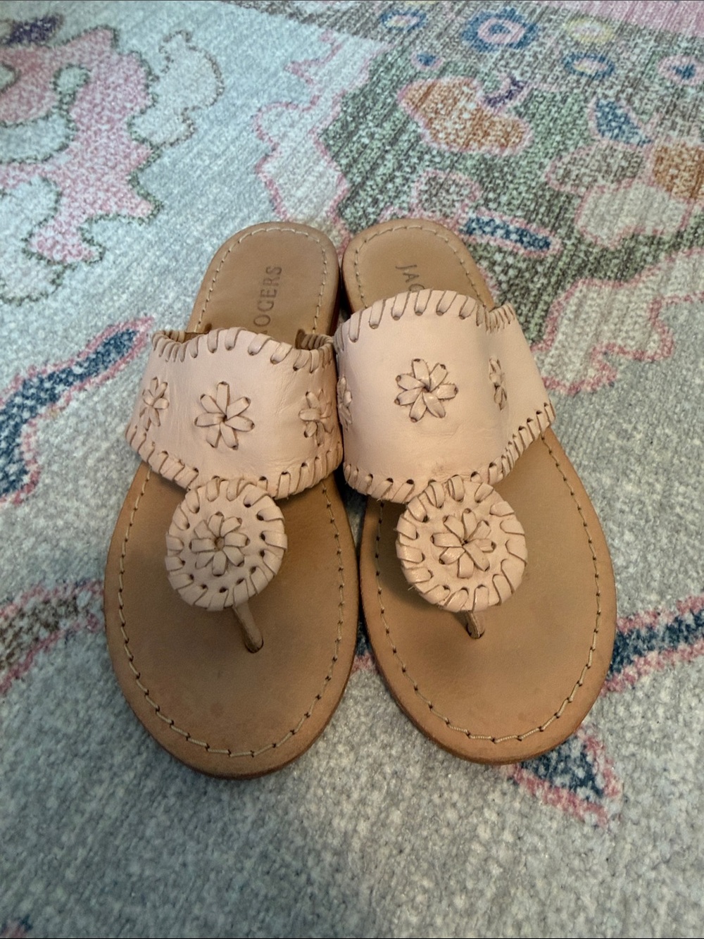 Jack Rogers Nude Leather Flower-Accent Thong Sandals